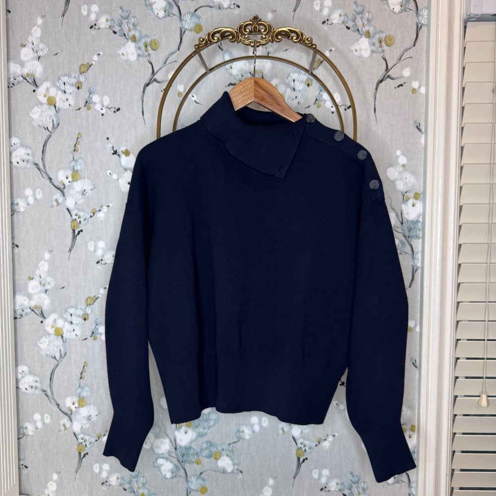 Free Assembly Womens Navy Blue Button Mock Neck Cropped Sweater - large